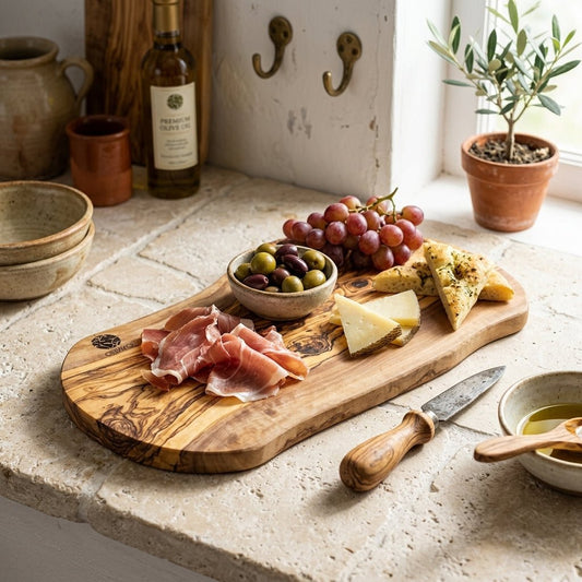 An olive wood charcuterie board styled on a stone countertop with sliced prosciutto, cheese wedges, grapes, olives, a small knife, and surrounding kitchen props in a bright, rustic setting.