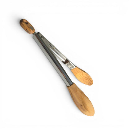 OLIVIKO olive wood salad tongs 11.5 inch – stainless steel spring mechanism with natural olive wood tips for serving salads and grilling