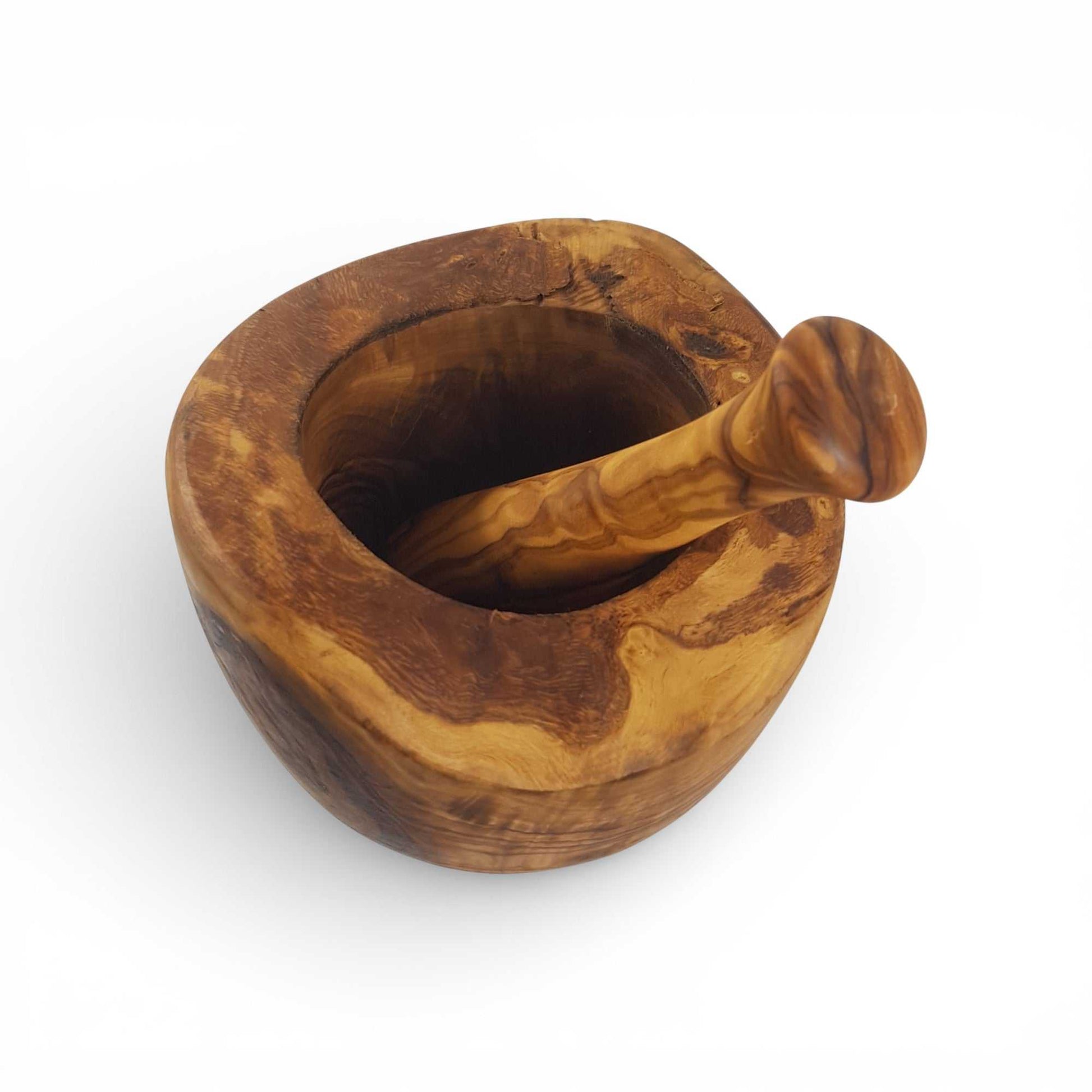 OLIVIKO Olive Wood Mortar and Pestle handcrafted from Mediterranean olive wood with natural grain patterns and polished finish