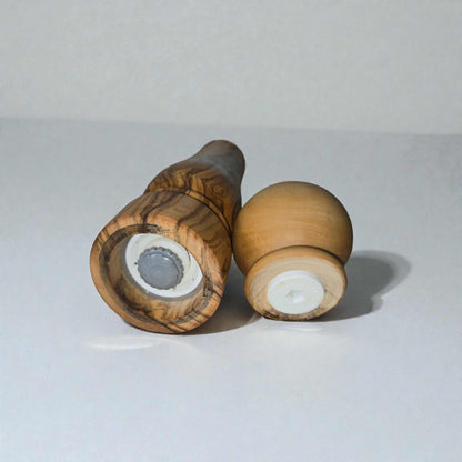 OLIVIKO olive wood salt and pepper mill set with the CrushGrind ceramic mechanism visible, white background