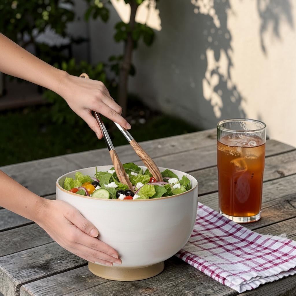 OLIVIKO Olive Wood & Stainless Steel Kitchen Utensils Tongs, serving salad
