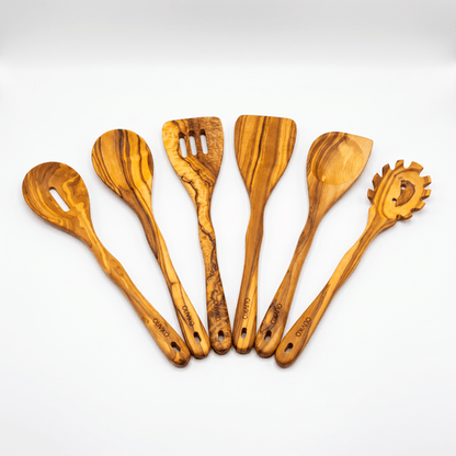 OLIVIKO™ Handmade Olive Wood Utensils Kit – 6 Piece (2 Spatula + 4 Spoon)