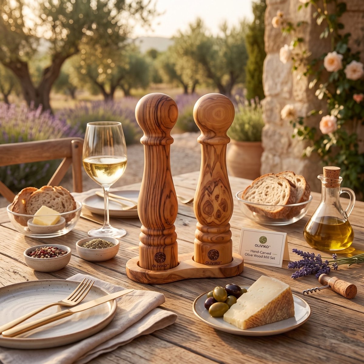 Two olive wood pepper and salt shakers on a wooden table, styled with bread, cheese, a glass of white wine, and a bottle of olive oil in an outdoor garden setting at sunset.