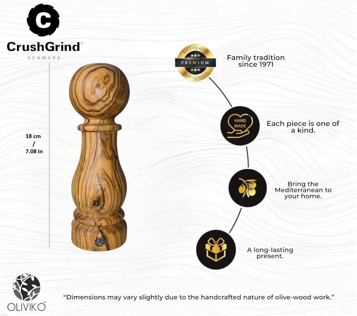 OLIVIKO  Olive Wood Salt & Pepper Grinder mill | CrushGrind® Ceramic 7 inches