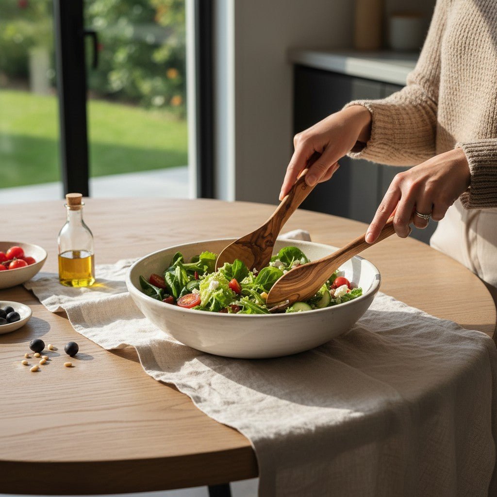 Olive wood salad servers used at a dining table – OLIVIKO handcrafted utensils