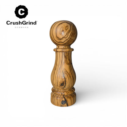 Olive Wood pepper grinder Mill with 'CrushGrind' branding on a white background