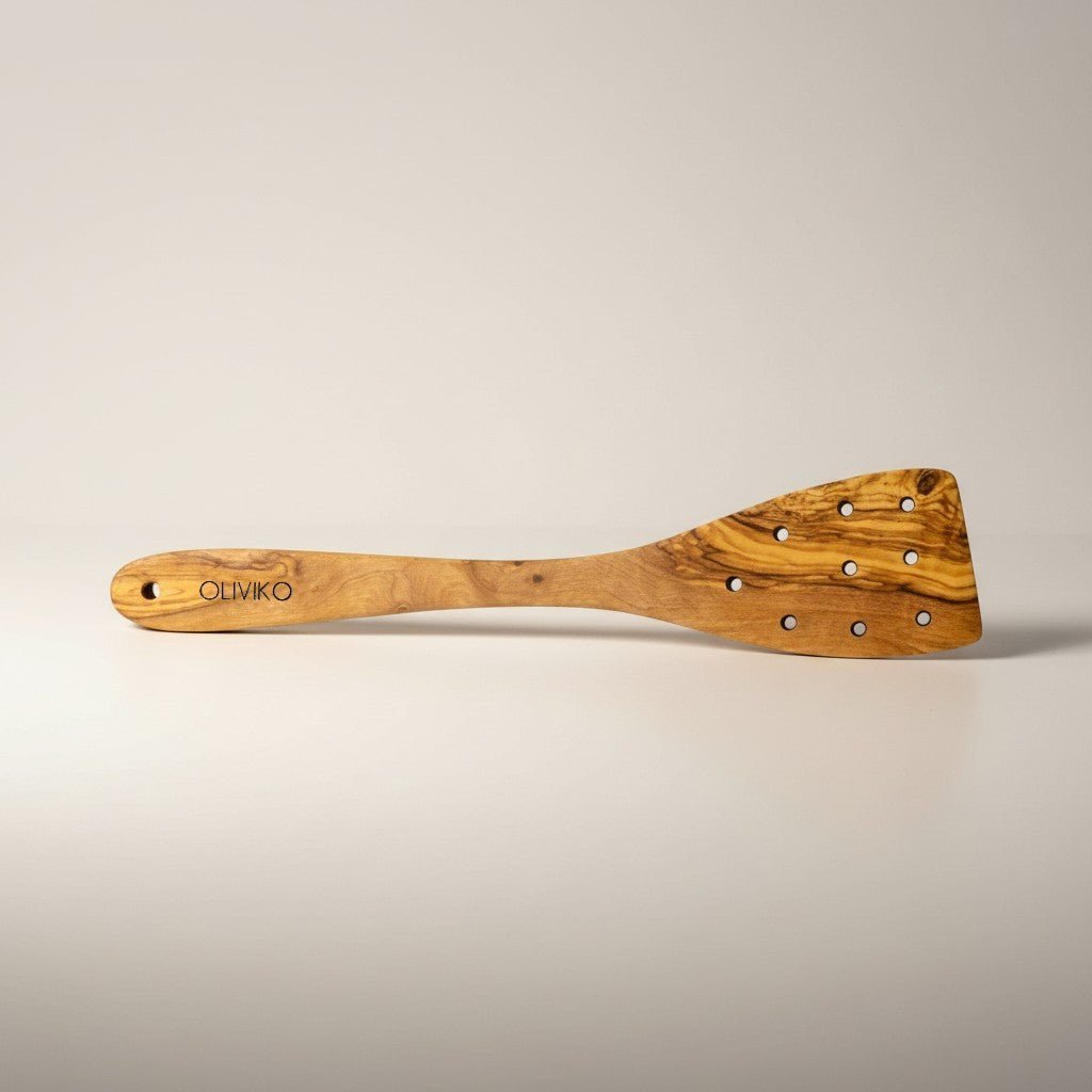 Premium Oliviko Olive Wood Perforated Spatula, 12-inch length