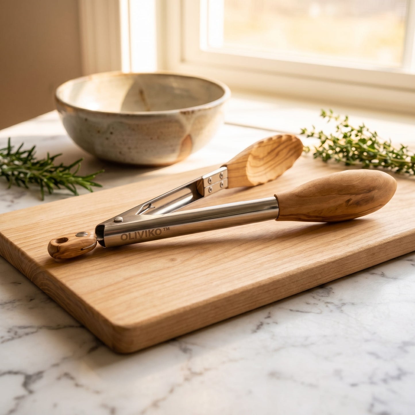 OLIVIKO Pince de cuisine en bois d'olivier et acier inoxydable – 29 cm
