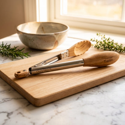 OLIVIKO Pince de cuisine en bois d'olivier et acier inoxydable – 29 cm