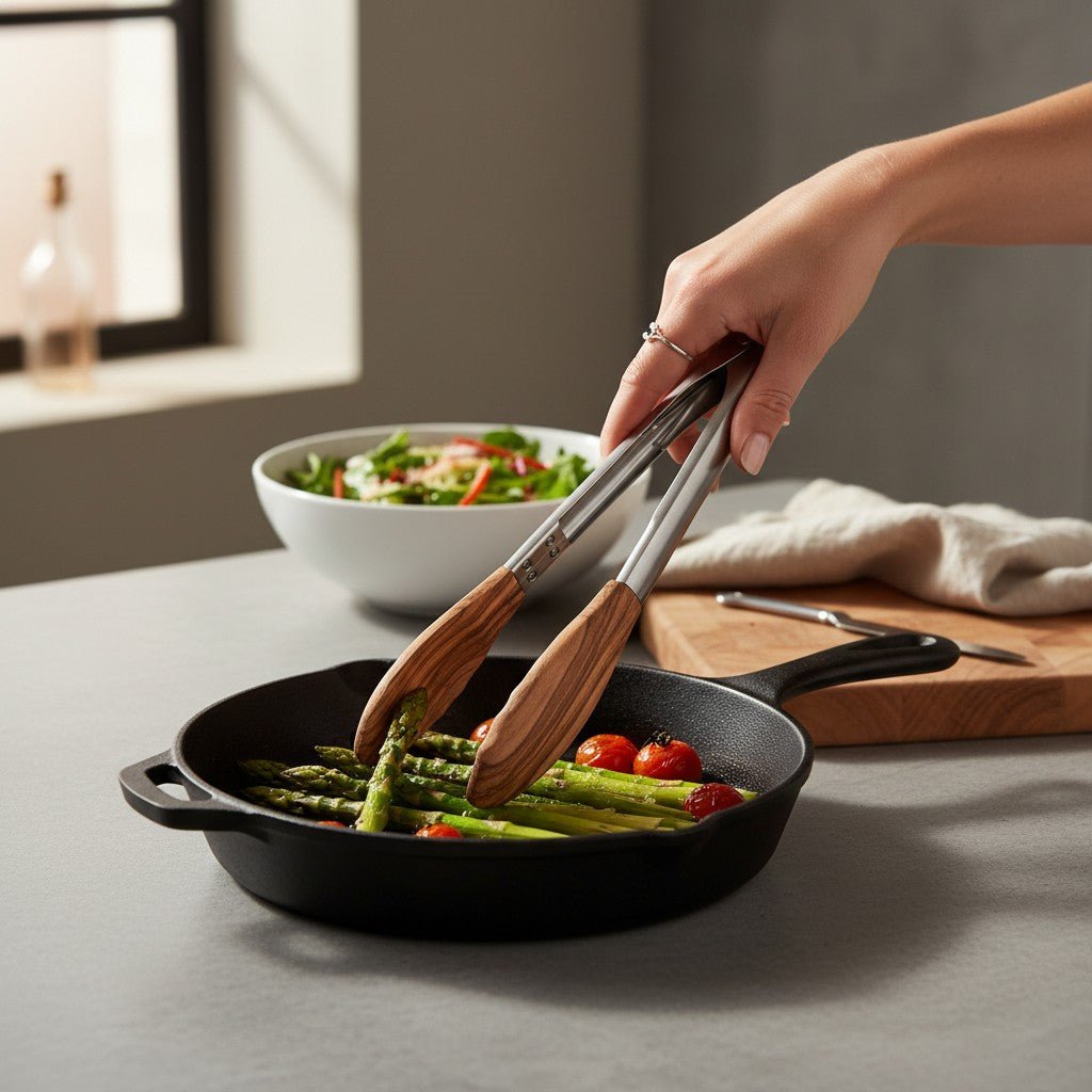 OLIVIKO olive wood salad tongs on white background – stainless steel spring body with handcrafted olive wood tips, locking mechanism