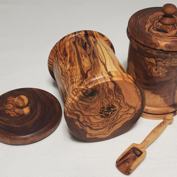 OLIVIKO Handmade Olive Wood Salt, Sugar, Tea, Pepper, box, Spice Box, Spices Container + free small spoon - oliviko