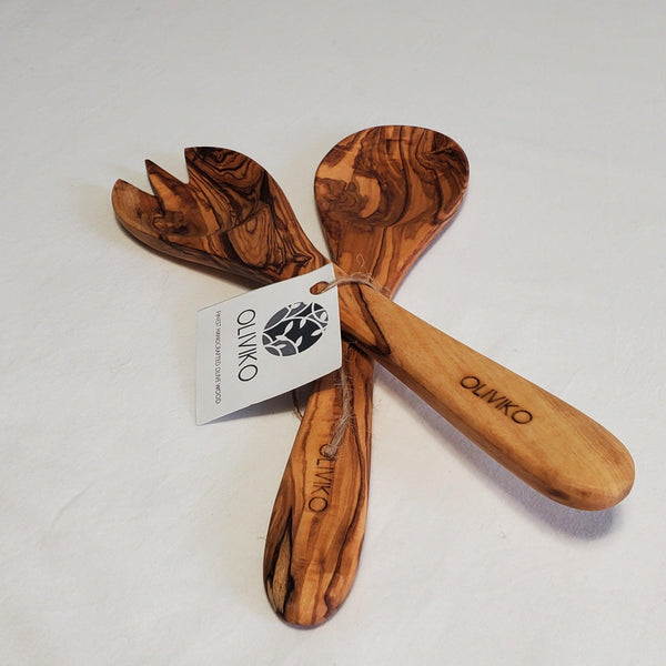 Handmade Olive Wood Utensils Salad Servers 9.5 inch - oliviko
