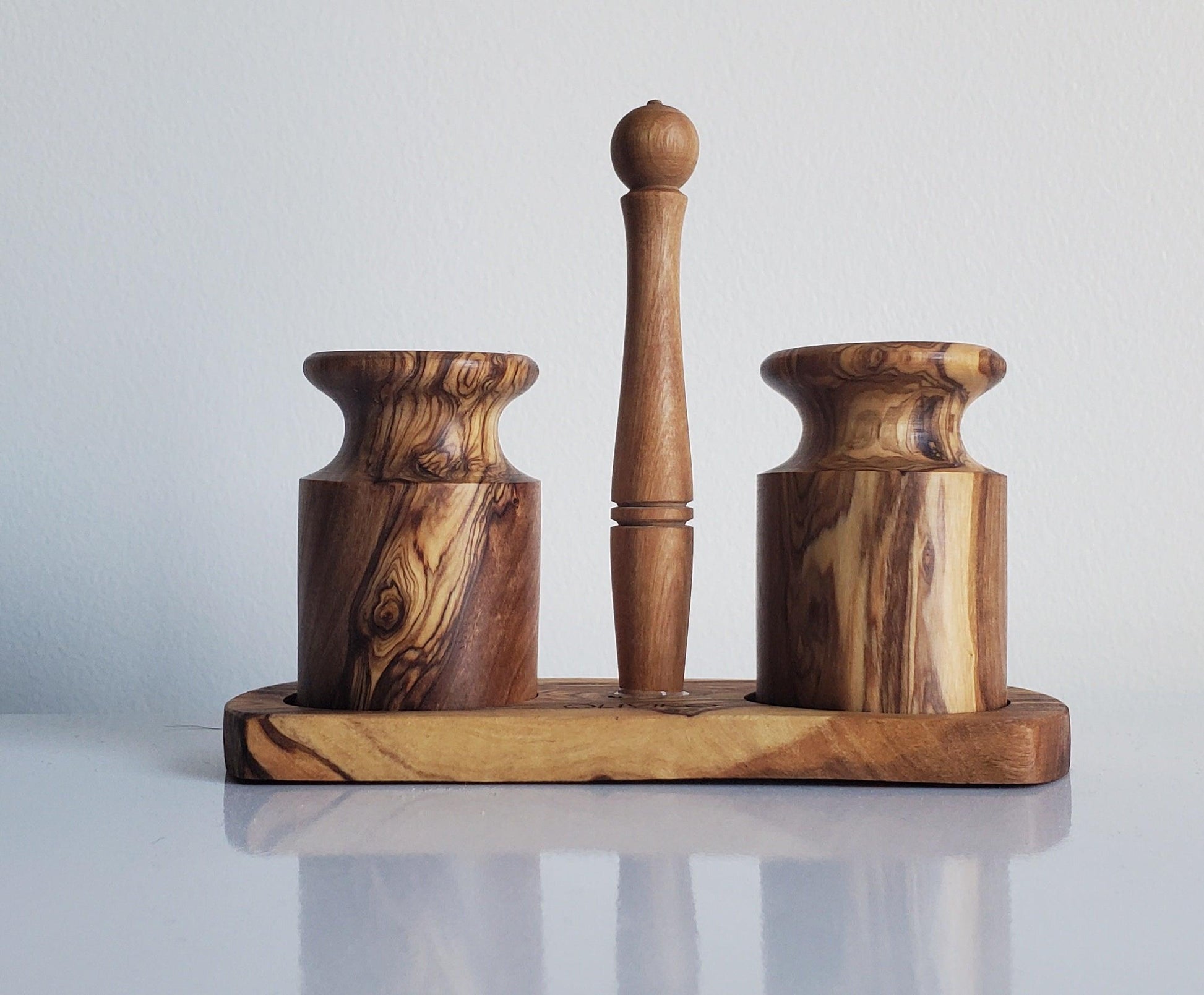 Vintage Wooden Salt Shaker & Pepper Mill Set w/ Holder/Stand