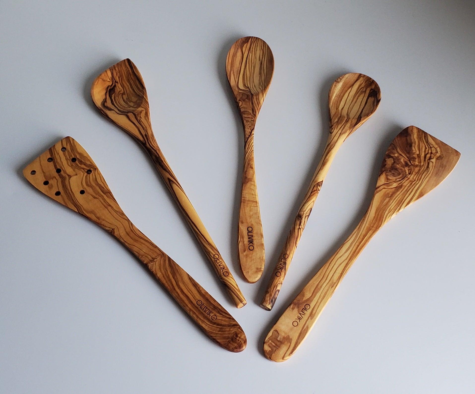 Handmade Olive Wood Utensils Set - 2 Spatulas & 3 Spoons - oliviko